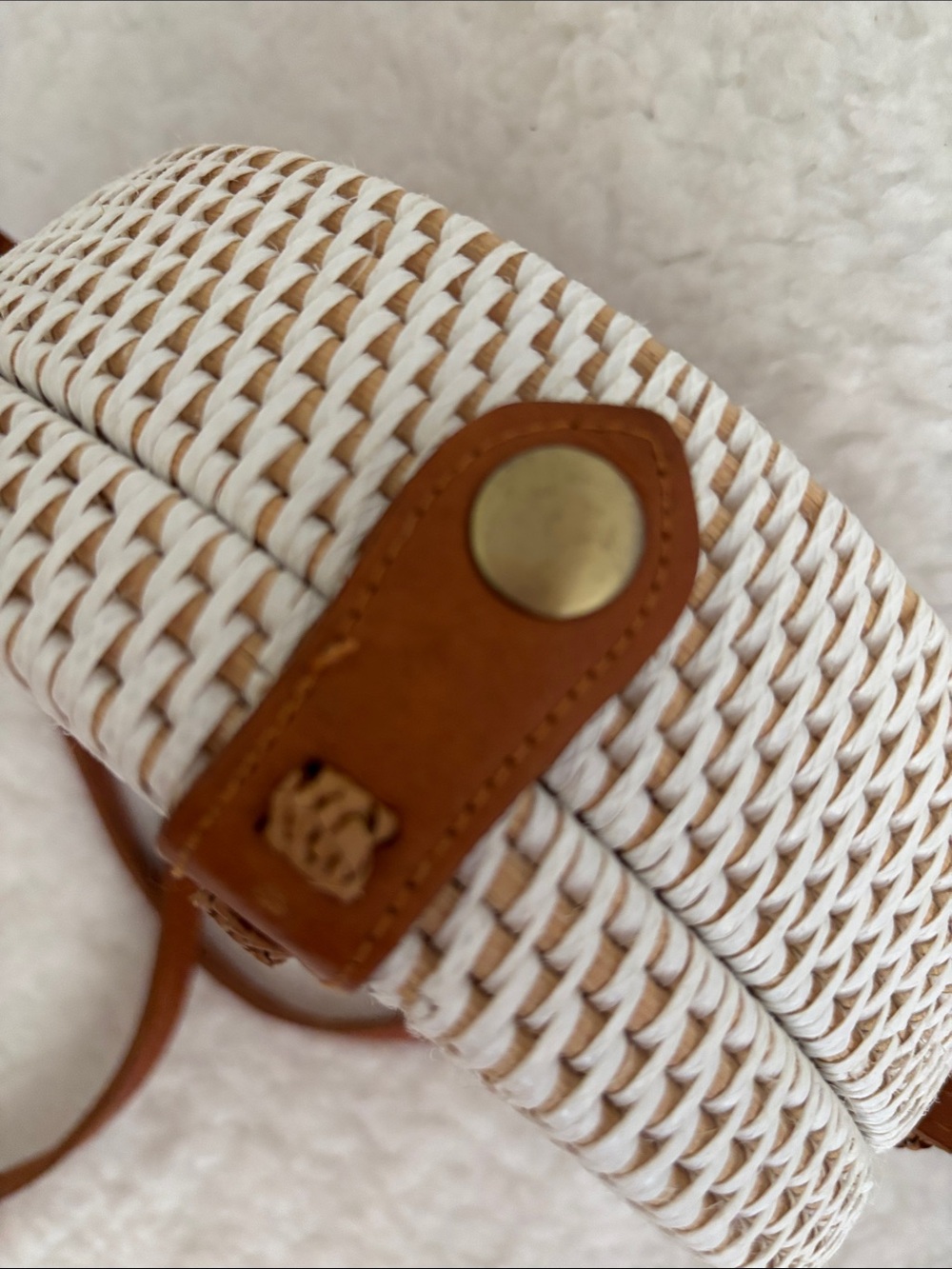 Woven Round Crossbody Bag in White with Tan Strap - Picture 6 of 8